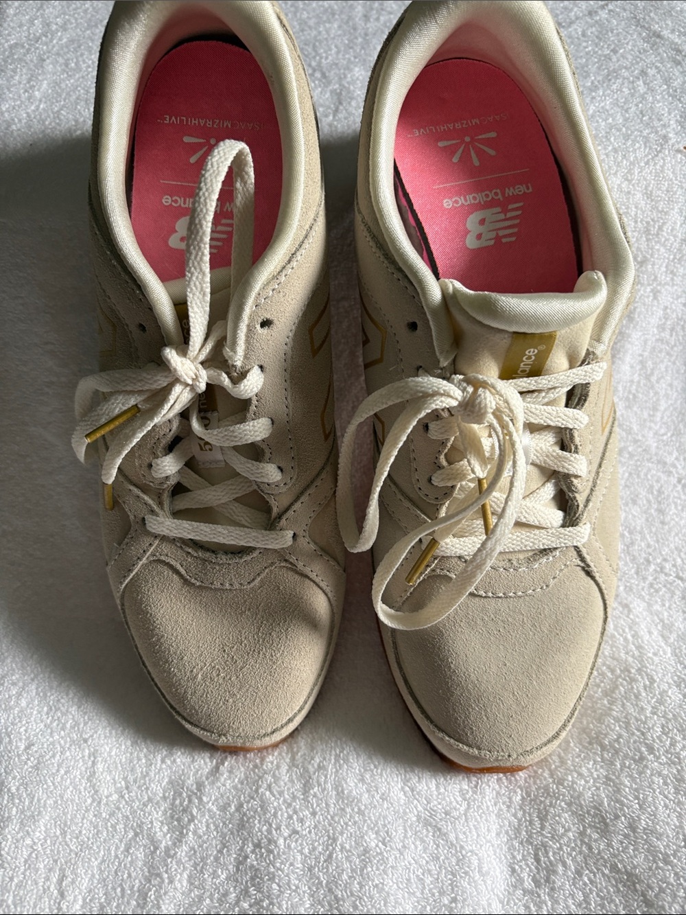 New Balance Women's Cream Suede Athletic Sneakers with Pink Insoles